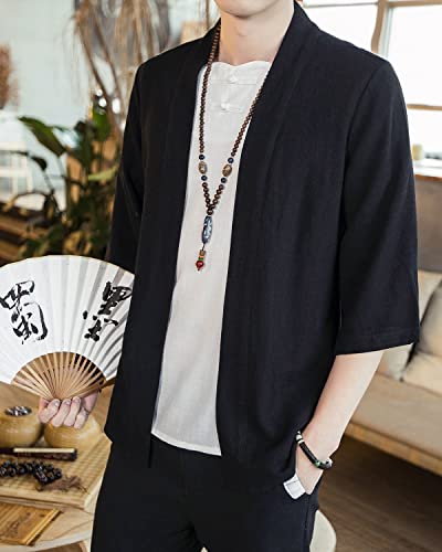 Image of Men's Japanese Kimono Cardigan Loose Cotton Linen 3 /4 Sleeve Open Front Casual Summer Shirt Jackets