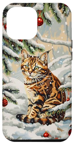 Installazione facile Custodia per iPhone 14 Pro Max Divertente albero di Natale con gatto del Bengala Merry Xmas Snow Mom Dad Kids