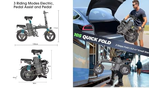 Foldable Electric Bike, 14" Portable Folding E-Bike, City Bike, 48V 10AH Battery, 250W, 25KMH, 60KM Range, Disc Brakes, Triple Suspension, LCD Display, 3 Riding Modes, Rear Seat, Recycle Energy System - Image 2