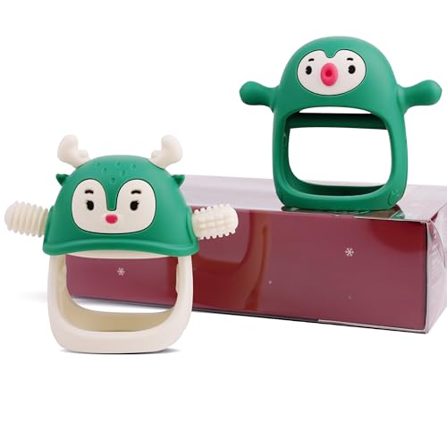 smily mia baby christmas stocking stuffers baby teething toyspenguin teether for 0-6m reindeer chew toys for 3-6mteething mittens for 6-12m babies my first christmas gift pine green
