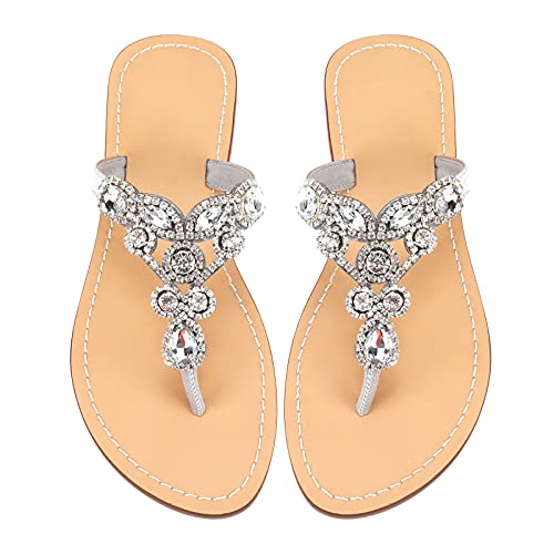 Image of Women's Rhinestone Flat Sandals, Women Flip Flops with Clip Toe RingBeadeed Rhinestone Crystal Jeweled Sandal Shoes for Summer Beach Oceanside Holiday Outdoor