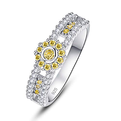 Emsione 925 Silver Plated Created Citrine Round Cut Halo CZ Pave Flower Statement Eternity Promise Ring Engagement Wedding Bands for Women Size 7