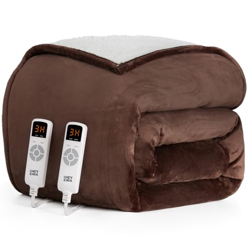 EHEYCIGA Heated Electric Blanket King Size - 9 Heating Levels, 10 Hours Auto Off, Soft Cozy Sherpa Washable Dual Control With Fast Heating, 90 x 100 Inches