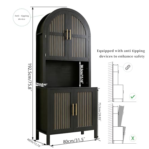 Image of 76 inch Tall Arched Kitchen Pantry,Large Storage Cupboard with Fluted Doors,Microwave Shelf,Modern Wooden Buffet Sideboard,Adjustable Shelves,Cabinet for Dining,Living Room,Black