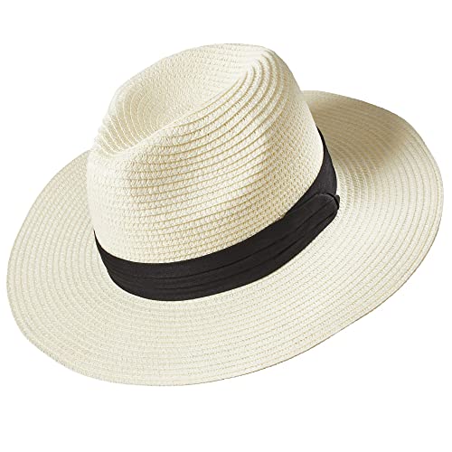 Deluxe Wide Brim Straw Panama Hat, Roll Up Fedora Beach Sun Hat Upf50+, Color Choice, Adjustable Hats For Women Or Men (Cream) #TOP2