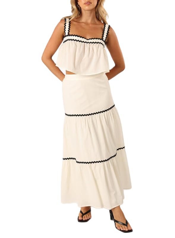 Women Sexy Two Piece Maxi Skirt Set Sleeveless Cropped Tank Tops and Long Skirt Summer Vacation Beach Outfits