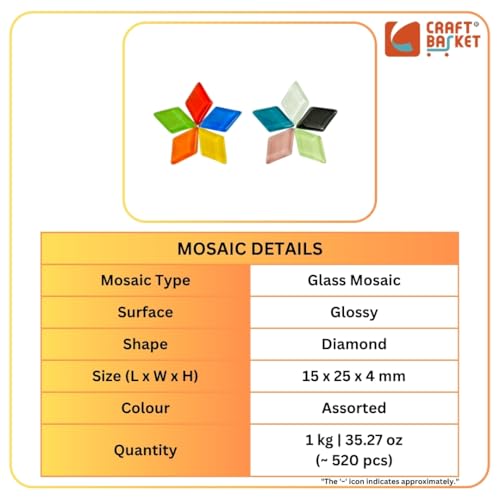 Image of Assorted Colours Glass Mosaic Tiles (20 Variations) (All Packs: 100 g,200 g,1 kg,1 kg), DIY Mosaic Art, Decoration, Crystal Glass Mosaic Tiles (Glossy Diamond 15 x 25 mm), 1 kg