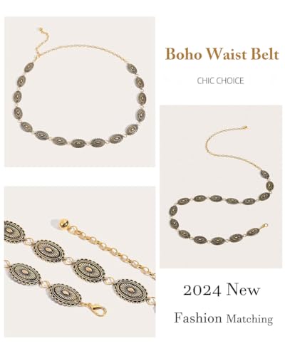 Image of PALAY Boho Waist Belt for Women Golden Concho Belt Saree Waist Metal Concho Western Fashion Conchos Adjustable,29.53 inches +19.69 inches