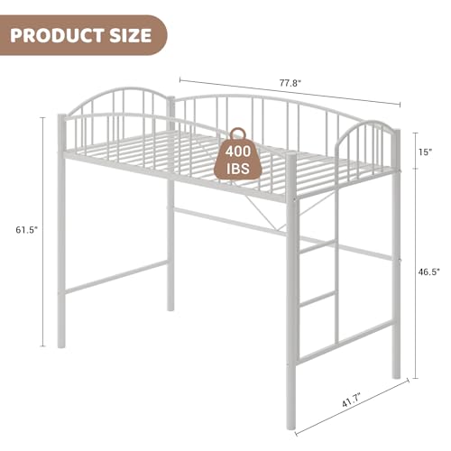 Loft Bed Twin Size with Stairs and Arched Guardrail, Sturdy Metal Slats Support, Space Saving, Noise Free, No Box Spring Needed, Ideal for Kid Room and Dorm, White