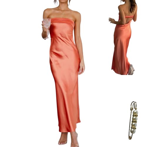 Image of Womens Strapless Satin Maxi Dress Backless Tube Dress | Strapless satin maxi dress with elastic back folded bust backless cut smooth drape and slim tube fit for events