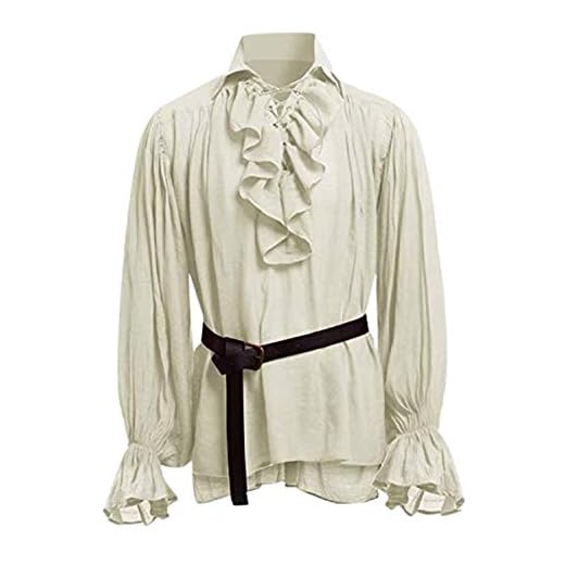 STRIR Camisa con Cordones renacentista Medieval Túnica Medieval Traje Caballero Viking Guerrero Camiseta con Cinturón para Hombres Disfraz de Pirata de la Edad Media (XXXXL, Beige)