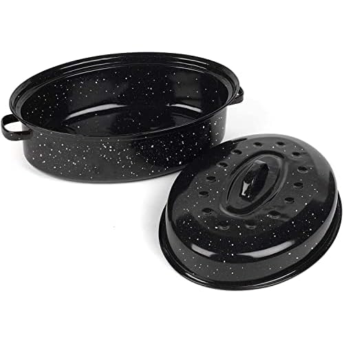 16 Inch Roasting Pan with Lid – Covered Oval Roaster – Enamel Carbon Steel Roaster Pot – Excellent Heat Distribution and Non-sticky – for Turkey Chicken Meat & Vegetables -Birthday and Holiday gifts