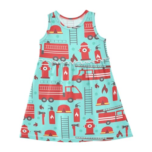 Aflyko Girls Dresses Cute Fire Rescue Truck Summer Sleeveless Dress Casual Fit Toddler Playwear Infant Lovely Everyday Wear Themed Birthday Party Dress 3T