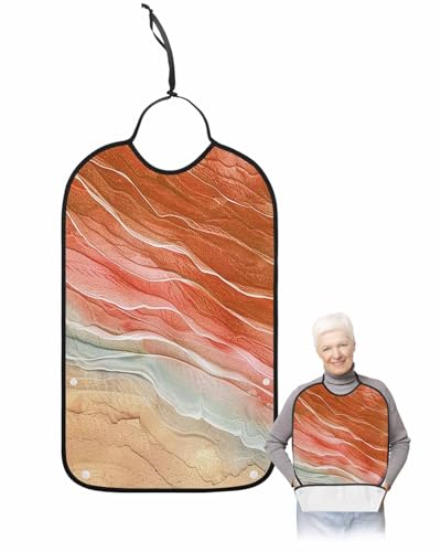 LEOKOTI Burnt Orange Ombre Coastal Adult Bibs for Eating, Waterproof Bibs with Food Catcher & Snap Closure, Summer Nautical Beach Ocean Seaside Washable Clothing Protectors Adult Bibs for Elderly