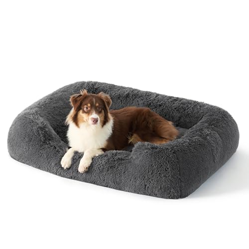 BEDSURE Hundebett flauschig Grosse Hunde - 106x76x20cm Hundebett XL waschbar für Grosse Hunde, quadratisches kuschelbett mit weich Rand und Rutschfester Boden, grau