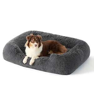 Bedsure Fluffy Dog Bed for Large Dogs, 91 x 68 x 18 cm, Washable for Large Dogs, Square Cuddly Bed with Soft Edge and Non-Slip Base, Grey