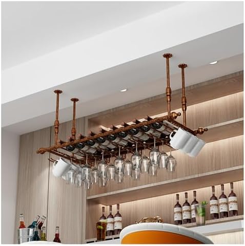 Vintage Wine Glass Rack - Adjustable Ceiling Hanging Iron Stemware Holder Industrial Metal nizer for Bar & Kitchen 23.6in Black Wine Glass Storage Hanger,Gold-47.2in