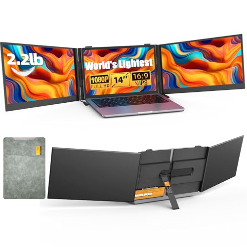 Image of 14 inch Triple Laptop Screen Extender - Ultra Thin & Lightweight (2.2lb) Portable Monitor For Laptop, FHD 1080P Travel Display 13-17 inch Laptops, Plug & Play USB-C /HDMI for Windows /Mac /Chrome /Linux /Android
