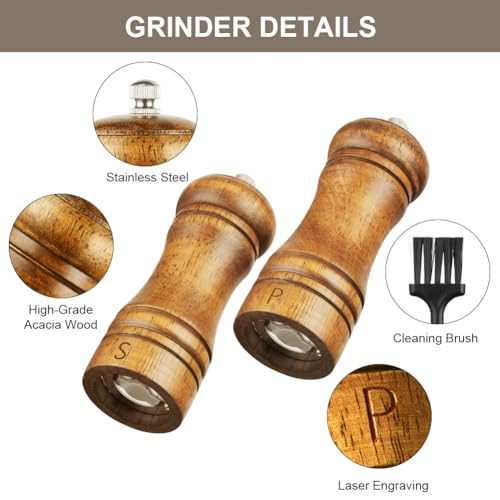 Vicloon Salt and Pepper Mills Set, 2PCS Wooden Pepper Grinder with Brush, Shakers with Ceramic Core, Salt and Pepper Grinder Set with Adjustable Non-Corrosive Ceramic Grinder for Pepper, Spices - Image 6