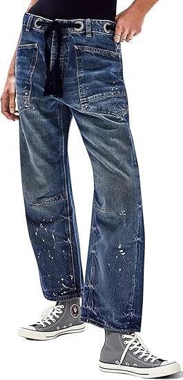 Womens Pull-On Barrel Jeans Mid-Low Rise Boyfriend Drawstring Ankle Baggy Elastic Waist Stretchy Boho Denim Pants