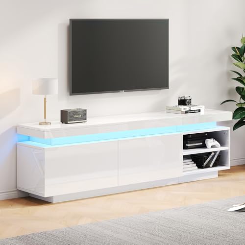 BTM Meuble TV Blanc avec LED, 2 Portes et Compartiments, Moderne Banc TV Longueur pour Télévisions 70 Pouces, Charge 50kg, 170x35x50 cm, Blanc