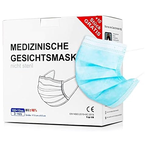 100 Stück + 10 Stück GRATIS OP-Mundschutz - TYP IIR (CE Zertifiziert) - Einmal Mundbedeckung (110 Stück Med) Cover