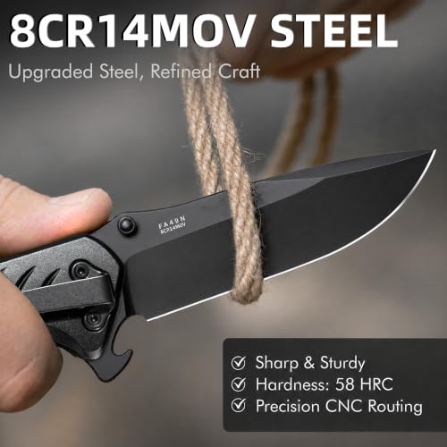 Image of NedFoss FA49 Black Tactical Pocket Knife, 4-in-1, 3.4 inch 8Cr14Mov Steel | Upgraded, Preciser, Lightweight Aluminum Bolster G10, Glass Breaker Seatbelt Cutter, Bottle Opener, for Camping Survival Work