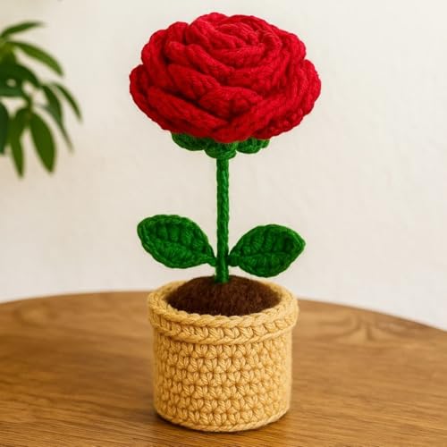 Image of VCR Handmade Crochet Red Rose Pot - Pack of 3 - Hand Woven Knitted Artificial Red Rose Pot Hand Knitted Flower for Office Desk, Table, Car, Bedroom, Wedding & Special Occasions