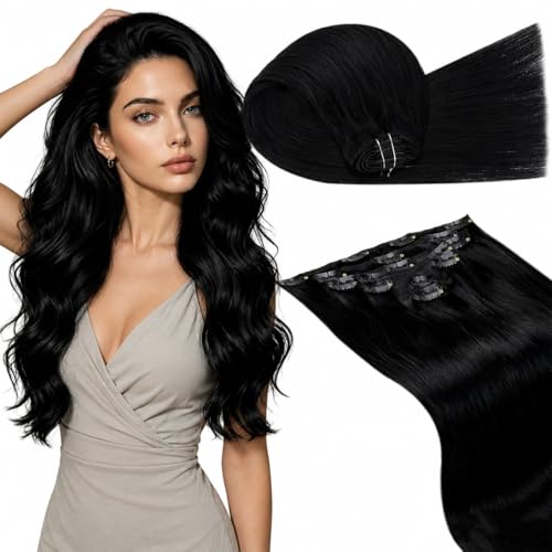 LaaVoo Clip in Hair Extensions Jet Black Human Hair Clip in Extensions Black Women Clip ins Hair Extension Real Human Hair Silky Straight Double Weft 7Pcs 105g 14 Inch