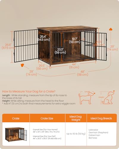 Image of Feandrea Wooden Dog Crate Furniture, 48 Inches Heavy-Duty Kennel for Dogs up to 110 lb, with Double Doors and Enclosed Wood Base, Modern Pet Cage End Table Indoor, Rustic Brown