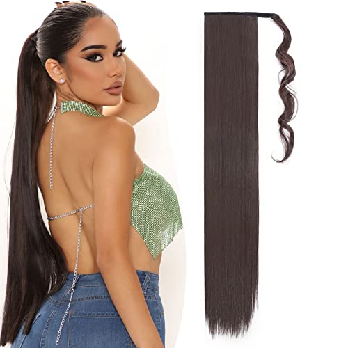 Benehair Ponytail Extension 32 Inches Long Wrap Around Ponytail Hair Extension Straight Synthetic Braid Extensions Clip in Hairpiece for Women Chocolate Brown