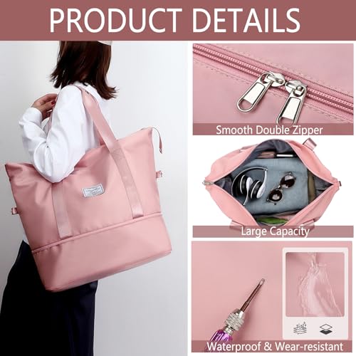 flintronic Reisetasche Damen, Faltbare Reisetasche, Sporttasche, Handgepäck Tasche, Wasserdicht Travel Bag Duffle Bag, Trainingstasche, Handtasche für Sport & Reisen (Mit 1 Gepäckanhänger)-Rosa