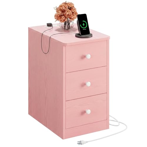 Image of LIKIMIO Nightstand with Charging Station, 3 Drawers Modern for Bedroom