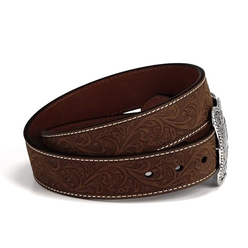 ARIAT Men's Genuine Aged Bark Leather Belt w/Floral Embossed with Antique Silver Logo Buckle3