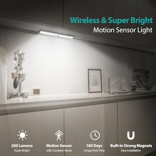 Reoshine Under Cabinet Lights Motion Sensor Light Indoor, LED Closet Lights Battery Operated Lights, 4500mAh USB C Rechargeable Under Cabinet Lighting Wireless, 6000K Cool White, 180 Days Battery Time