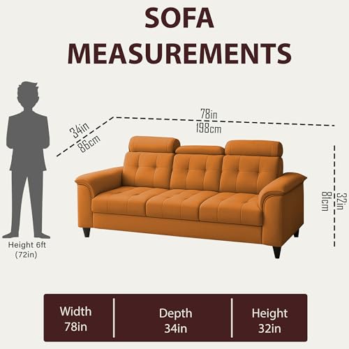 Image of Casaliving Ella 3 Seater Sofa Set for Living Room (Orange Colour Fabric) Premium Fabric Sofa