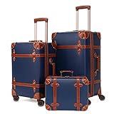NZBZ Vintage Luggage Sets 3 Pieces Luxury Cute Suitcase Retro Trunk Luggage with TSA Lock for Men and Women (Navy Blue, 14" & 20" & 28")