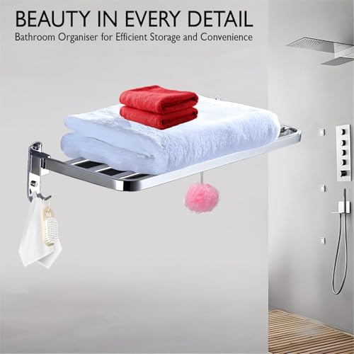 Image of Pivalo 304 Grade Stainless Steel Folding Towel Rack Multipurpose Wall Mounted Hook Hanger Bar Shelf Bathroom Accessories and Fittings for Kitchen Washroom Wash Basin (Pack of 1, Square, 1025A)