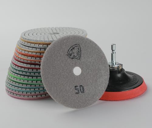 Image of Diamond Polishing Pads 4 Inch Wet Dry Set 13 Pieces for Concrete Marble Quartz Stone Countertop Granite Polishing and Sanding disc Include 5 /8 inch-11thread Backer pad and Drill Adapter