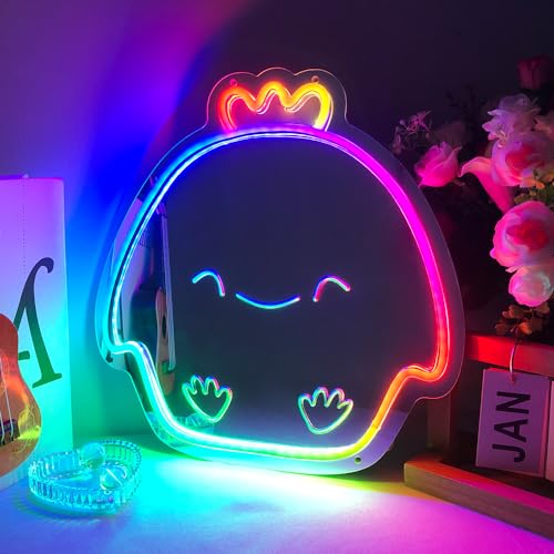 Image of Cute Chick Neon Sign Wall Mirror with Remote & App Control - RGB 210+ Colors LED Acrylic Mirror for Bedroom, Desk Decor, Voice /Music Sync, Shatterproof Teen Gift (12.2x12.4 in)