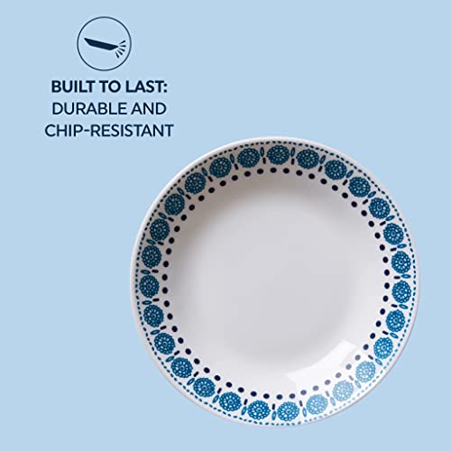 Corelle Milkglass 4-Piece (23 Oz) 8.5" Pasta Bowl Plate Set, Higher Rimmed Glass Dinnerware For Pasta Salad Meal, Graphic Stitch, Azure Medallion #TOP3