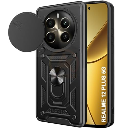 Image of Armor Bumper Back Cover Case for Realme 12 Plus / P1 5G / Narzo 70 /70 Pro Rotating Camera Cover, Ring Holder & Kickstand | Heavy Duty & 360 Degree Protection Back Cover (Black)