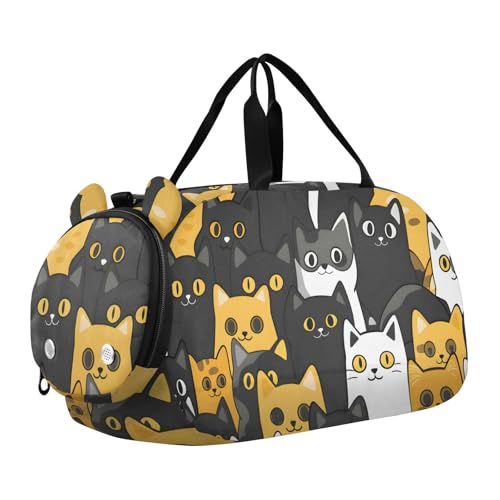 Duffle Bag Kids Gym Bag with Shoes Compartment & Wet Separation Overnight Travel Duffel Bag Yellow Black White Cat for Girl Boy