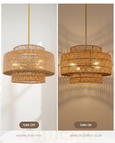 Image of 18 inch Boho Rattan Chandelier, Gold Finish, AD-25050-4P-GD | 4-Light 3-Tier Hand Woven Dining Room Light Fixture, Natural Brown Pendant Lights for Living Room Kitchen Island