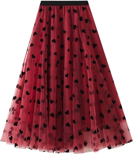 Women's Floral Print Mesh A-Line Midi Skirt 3D Posy Tulle Layered Skirt Heart-Red 2XL
