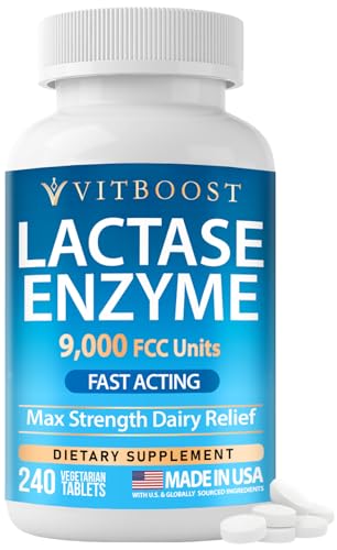VITBOOST Lactase Enzyme 9 000 FCC Units - Lactose Intolerance Relief - 240 Fast Acting Tablets - Max Strength Dairy Relief Supplement - Vegetarian Non-GMO Made in USA