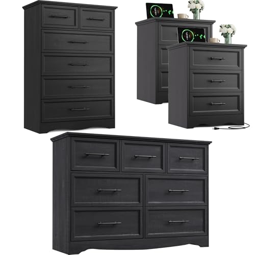 Bedroom Set, 4 Pieces Bedroom Furniture Set, 47'W 7 Drawer Dresser, 44'H 6 Drawer Dresser and 3 Drawers Nightstands with Charging Station, Farmhouse Storage Organizer Cabinet for Bedroom, Black