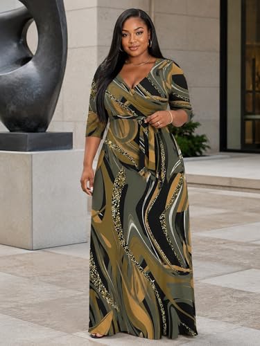 Image of PinkPatty Women's Plus Size Maxi Dresses Casual Flowy 3 /4 Sleeves Dress Printed Vacation Dress for Daily Wear with Belt