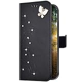 Uposao Kompatibel mit Samsung Galaxy A01 Hülle Leder Handy Hülle Schutzhülle Glänzend Glitzer Bling Strass Diamant Schmetterling Blumen Flip Tasche Case Lederhülle Klapphülle,Schwarz