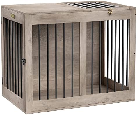 Furniture Style Dog Crate, Dog Crate End Table, Wooden Dog Kennels with Double Doors, Modern Decorative Dog Crates for Small Dogs, Dog Cage Indoor Side Table, Chew-Proof, Easy Installation, Grey